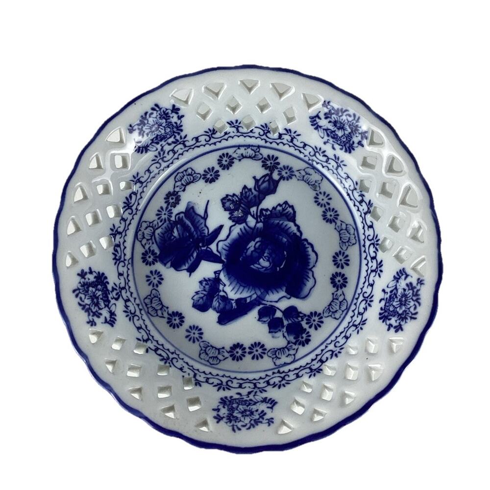 Blue White Rose Dish Open Lattice Ceramic Candy Dish Porcelain 6.5”